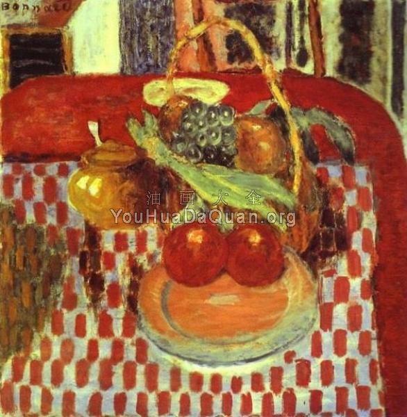 Basket and Plate of Fruit on a Red-Checkered Tablecloth - 皮耶·勃纳尔